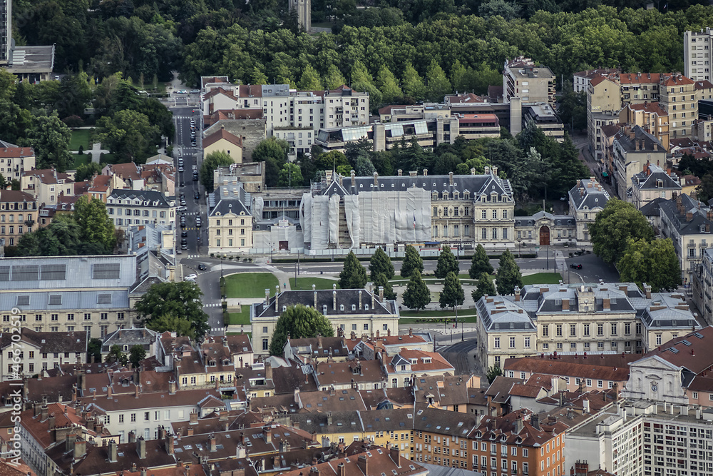 Picturesque Grenoble city panorama from La Bastille Hill. Grenoble, Auvergne-Rhone-Alpes region, France.