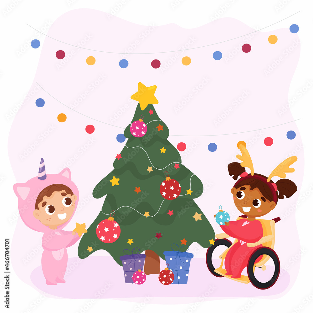 Multiethnic children decorate the Christmas tree Multiethnic children decorate the Christmas tree