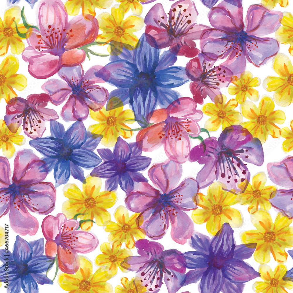Obraz premium Beautiful hibiscus flowers with green leaves on background. Seamless floral pattern. Watercolor painting. Hand drawn illustration. Can be used as a design for fabric or wallpaper, bed linen