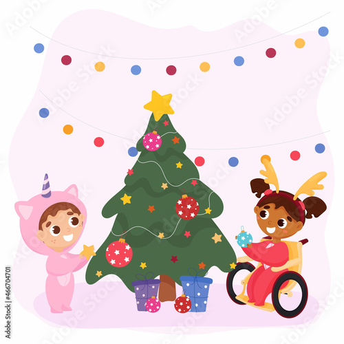 Multiethnic children decorate the Christmas tree