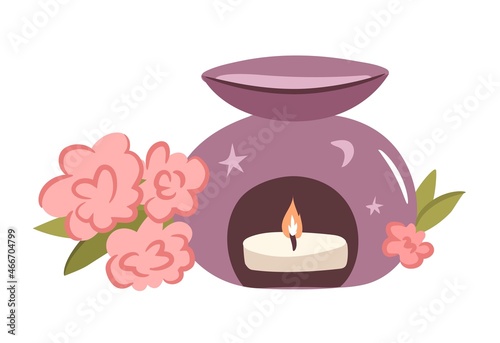 Scented tea candle with flowers. Hygge time. Aromatherapy and relaxation set. Hand drawn flat vector.