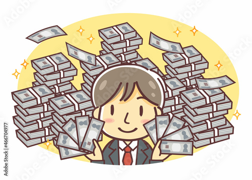 大金を手にしているお金持ちの男性のイラスト（スーツ・札束・笑顔・高収入男性）