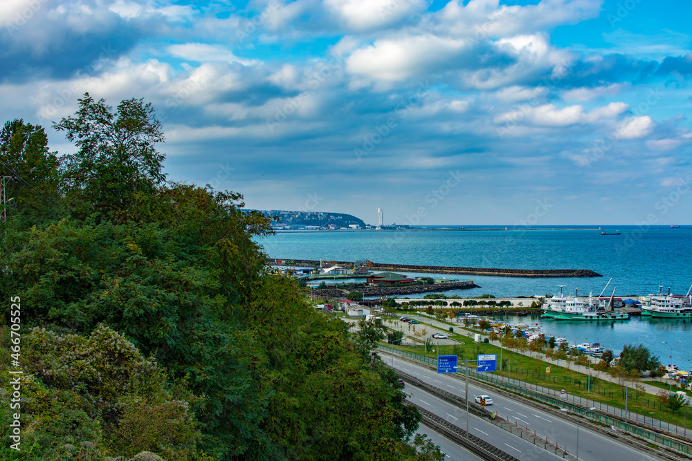 Black Sea coastal road, Samsun port and city view.