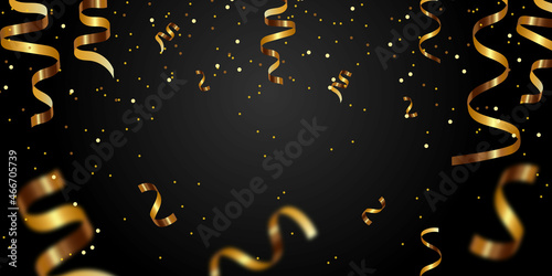 Vector festive horizontal dark background with golden numbers, streamer, confetti. Design template for holiday, party, poster, advertisement.