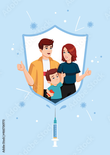 The vaccinated family is protected from coronavirus and influenza by an immunity shield. Power of vaccination concept.