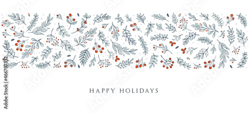 Blue and white horizontal Christmas, Holiday border with floral motives and greetings. Universal modern line art florals. Merry xmas header or banner. Wallpaper or backdrop decor.