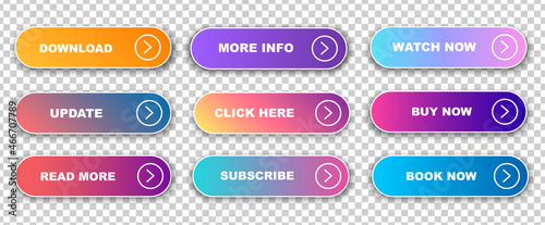 Set of vector modern trendy flat buttons. Trendy colors with transparent background. Read More, learn more, buy now, download, watch now, book more colorful button set