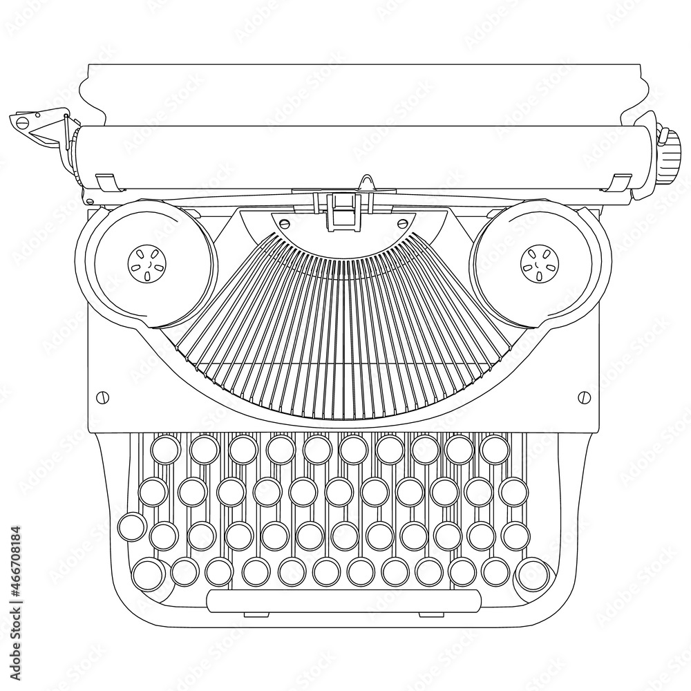 Outline of a vintage typewriter from black lines isolated on white background. View from above. Vector illustration