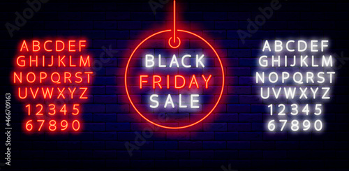 Black friday sale neon text in circle label. White and red alphabets. Outer glowing effect. Isolated vector illustration