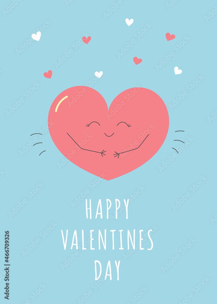 Valentine's Day greeting card. Cute smiling heart with small white and pink hearts on blue background