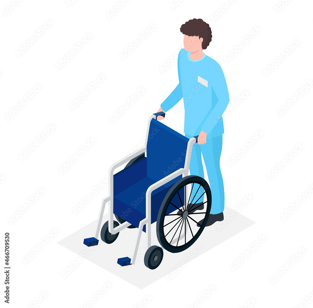 Male nurse character carry wheelchair, professional man doctor patient care, healthcare isometric 3d vector illustration, isolated on white. Male nurse character carry wheelchair, professional man doctor patient care, healthcare isometric 3d vector illustration, isolated on white.