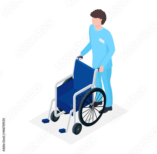 Male nurse character carry wheelchair, professional man doctor patient care, healthcare isometric 3d vector illustration, isolated on white.