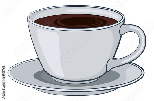 White Saucer and Cup with a Drink, Coffee or Cocoa, Isolated on White Background. Vector