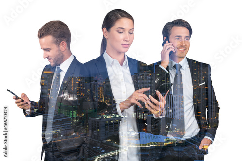 Three business people in suits using phone, tablet device and pensively thinking. Asia corporate lifestyle, communication of diverse young professionals. Night Kuala Lumpur city view. Double exposure photo