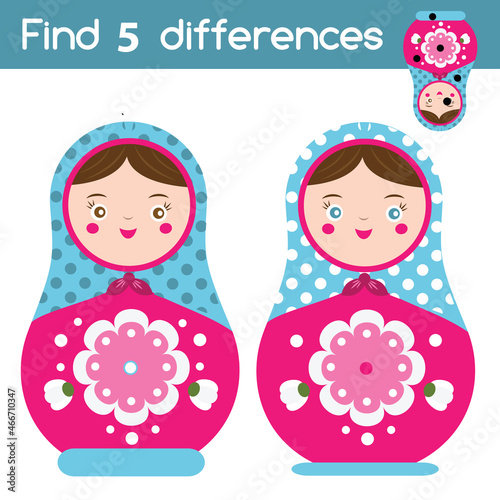 Find the differences educational children game. Kids activity with russian matreshka nesting doll