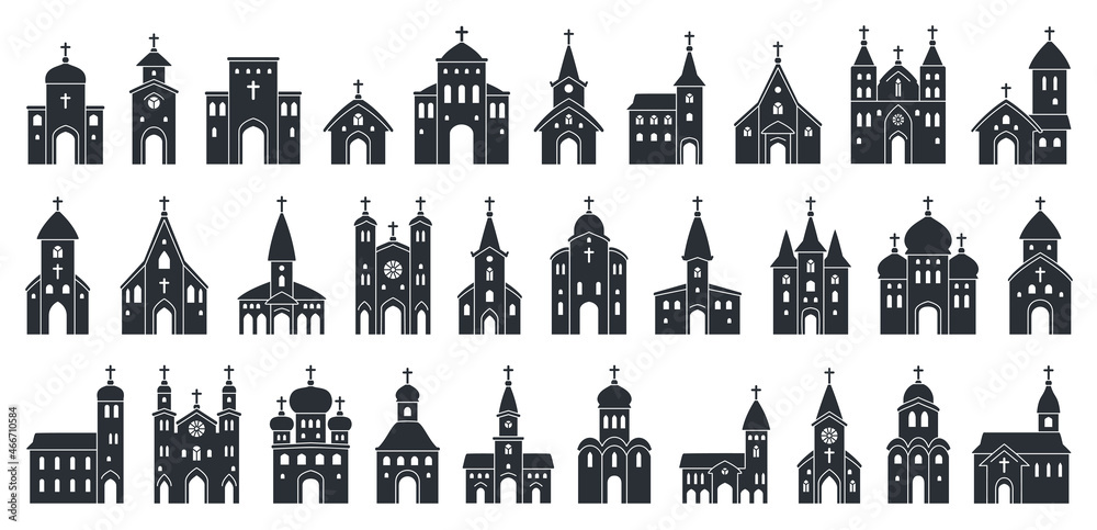Big set of Church black icon. Vector illustration religion architecture building silhouette on white background. Isolated black collection icon church. Urban elements  - obrazy, fototapety, plakaty 