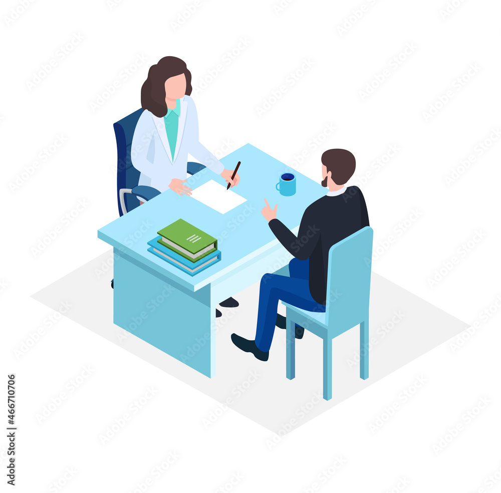 Woman professional doctor dialogue male character patient, record card patient health history isometric 3d vector illustration, isolated on white.