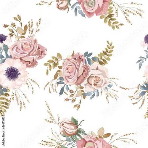 Wedding floral bouquets of peach cream roses and golden leaves on white background.