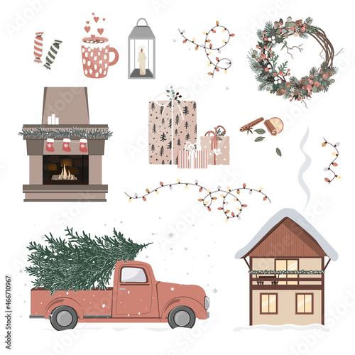 Christmas and New year set with vintage car, decorated house, xmas decor and presents. Scrapbooking design elements and icons isolated on black background. Vector design