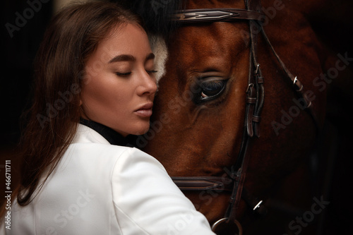 portrait beautiful woman long hair next horse