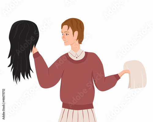 A smiling girl with a short haircut chooses a wig. A young woman holds wigs in her hands. Woman trying on a wig. Vector illustration in flat style, isolated on a white background.