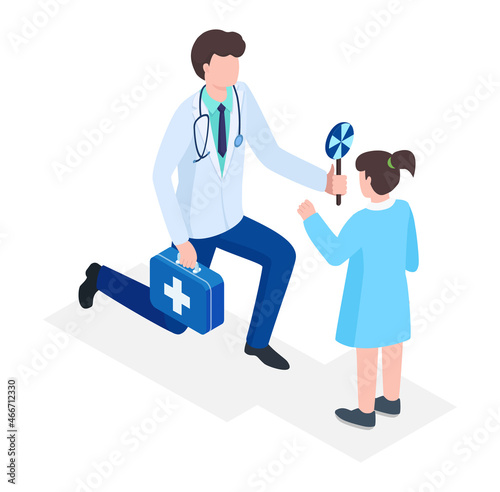Paediatrician male character hold medical kit, doctor give sweet lollipop to children girl isometric 3d vector illustration, isolated on white.