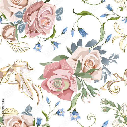 Wedding floral bouquets of peach cream roses and bluebells on white background.