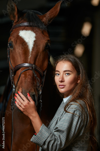 portrait beautiful woman long hair next horse