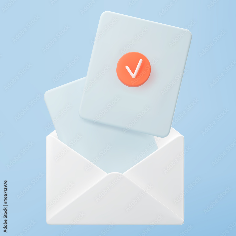 3d white open mail envelope icon with orange check mark isolated on ...