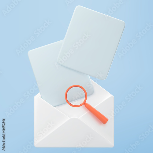 3d white open mail envelope icon with orange magnifying glass isolated on blue background. Render approvement concept, email notification with document. 3d realistic vector