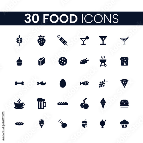 30 Food Icons Set. Food Icons Pack. Food Collection of Icons.