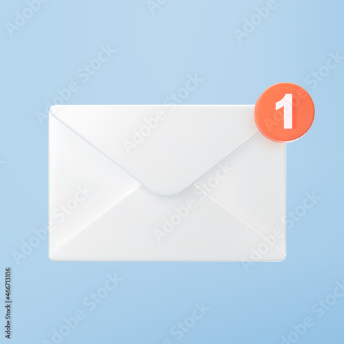 3d white closed mail envelope icon with orange marker new message isolated on blue background. Render new unread email notification. 3d realistic minimal vector