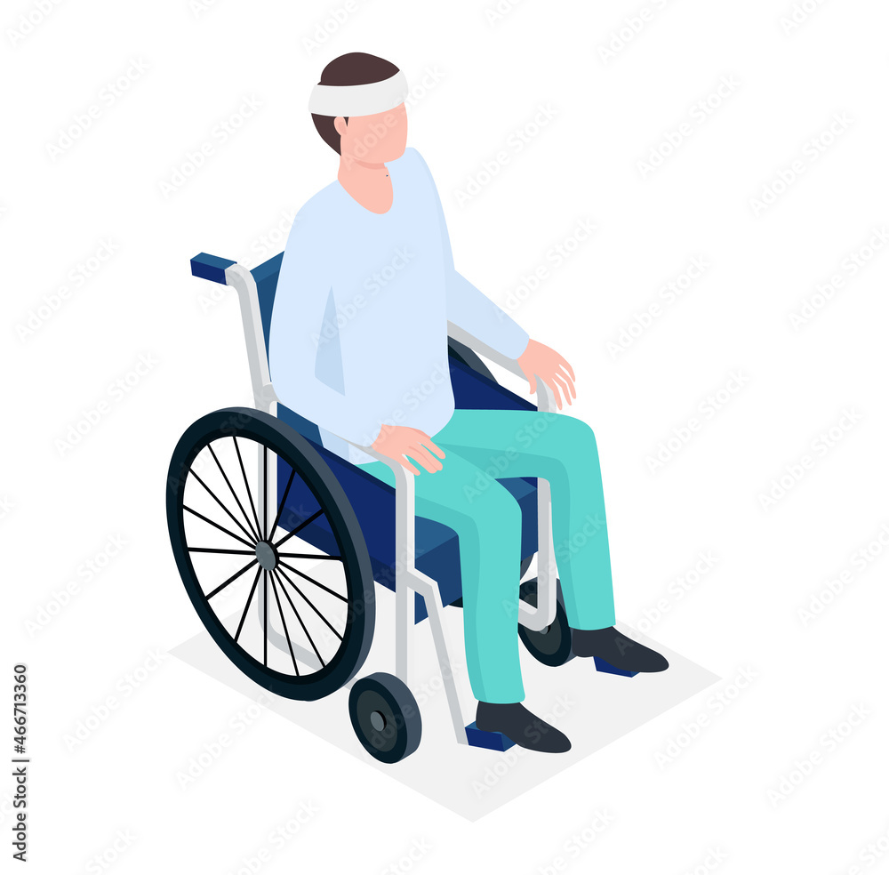 Sick patient character with bandaged head, male sitting invalid carriage outdoor healthy walking isometric 3d vector illustration, isolated on white. Sick patient character with bandaged head, male sitting invalid carriage outdoor healthy walking isometric 3d vector illustration, isolated on white.