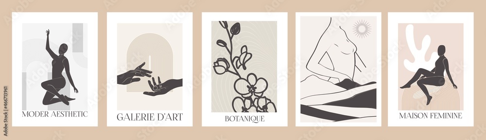 Collection of Modern abstract posters. Wall art design. Feminine, botanical concept. Modern aesthetic concept. Editable Vector Illustration.