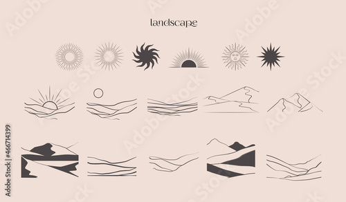 Collection of abstract landscape in one line style. Editable Vector Illustration.