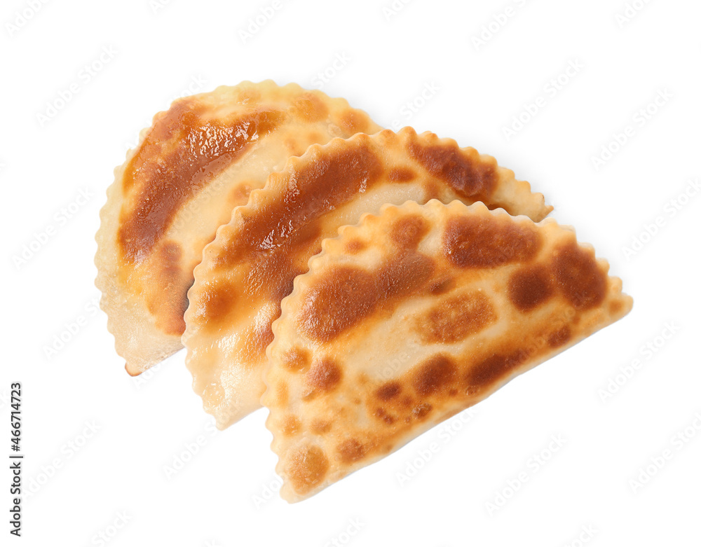 Delicious fried chebureki isolated on white, top view. Traditional pastry Delicious fried chebureki isolated on white, top view. Traditional pastry