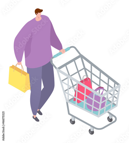Man character hold shopping package, people young male purchase clothing, steel wheel cart isometric 3d vector illustration, isolated on white.