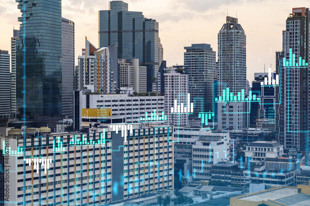 Fototapeta premium Glowing FOREX graph hologram, aerial panoramic cityscape of Bangkok at sunset. Stock and bond trading in Southeast Asia. The concept of fund management. Double exposure.