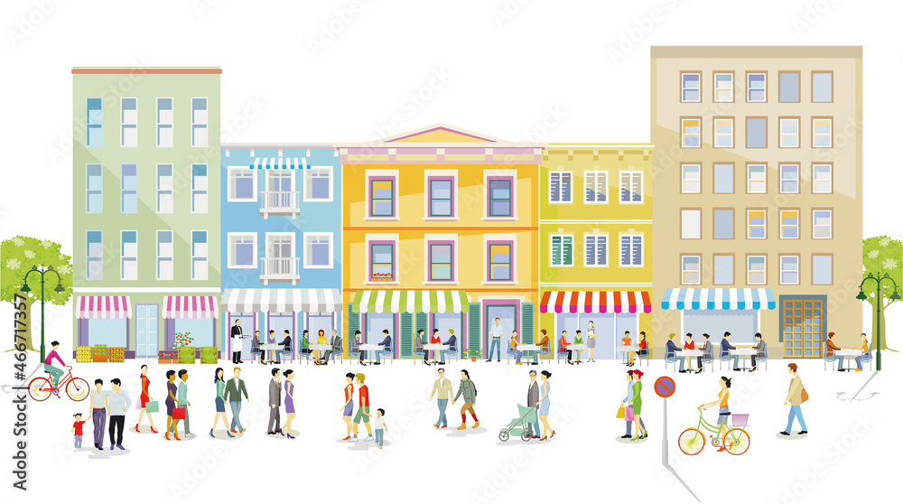 Leben in der Stadt, mit Restaurants Fußgänger und Familien in der Freizeit, Illustration
