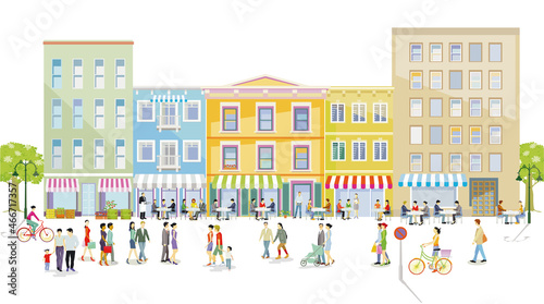 Leben in der Stadt, mit Restaurants Fußgänger und Familien in der Freizeit, Illustration photo