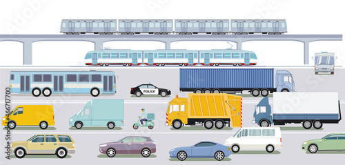 Autobahn mit Schnellzug, LKW und Personenwagen