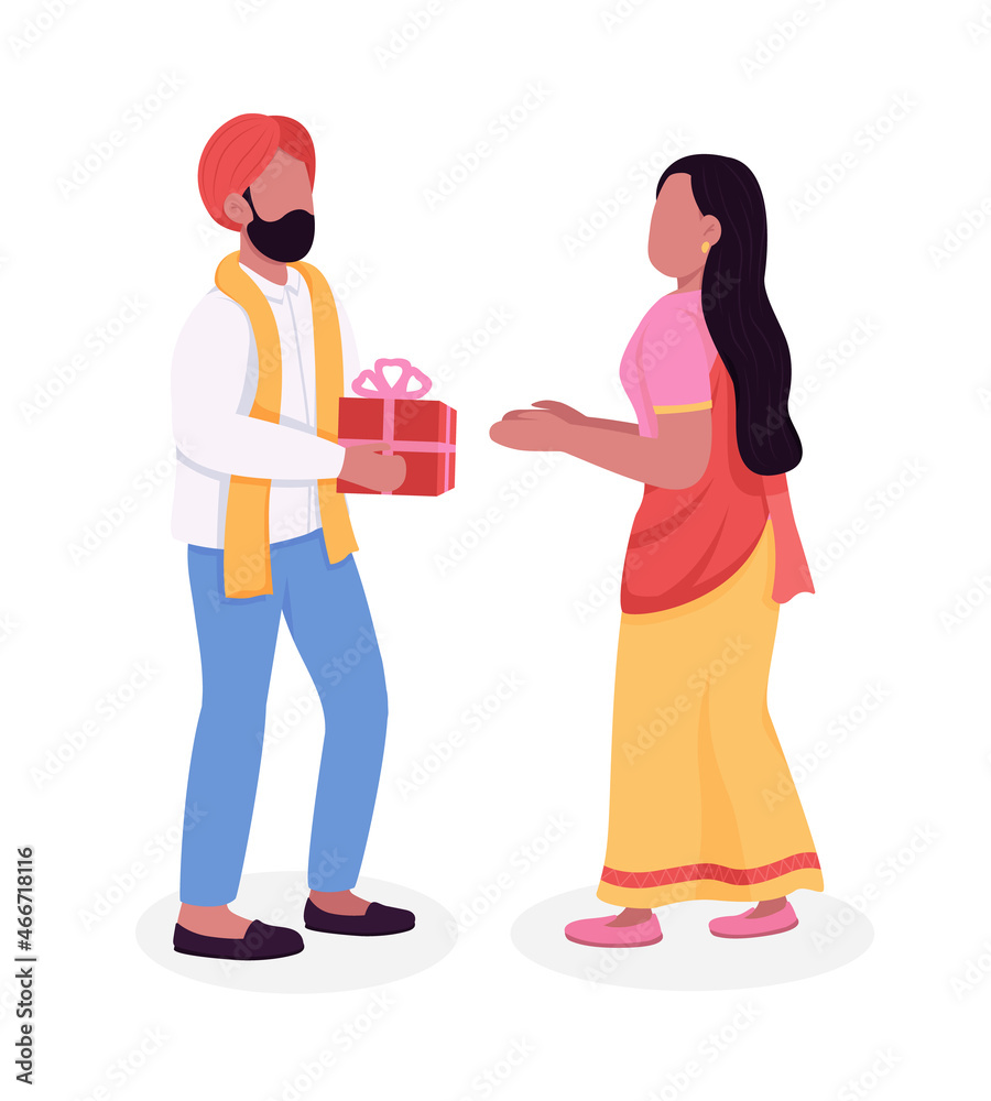 Couple celebrating Diwali semi flat color vector characters. Interacting figures. Full body people on white. Holiday isolated modern cartoon style illustration for graphic design and animation