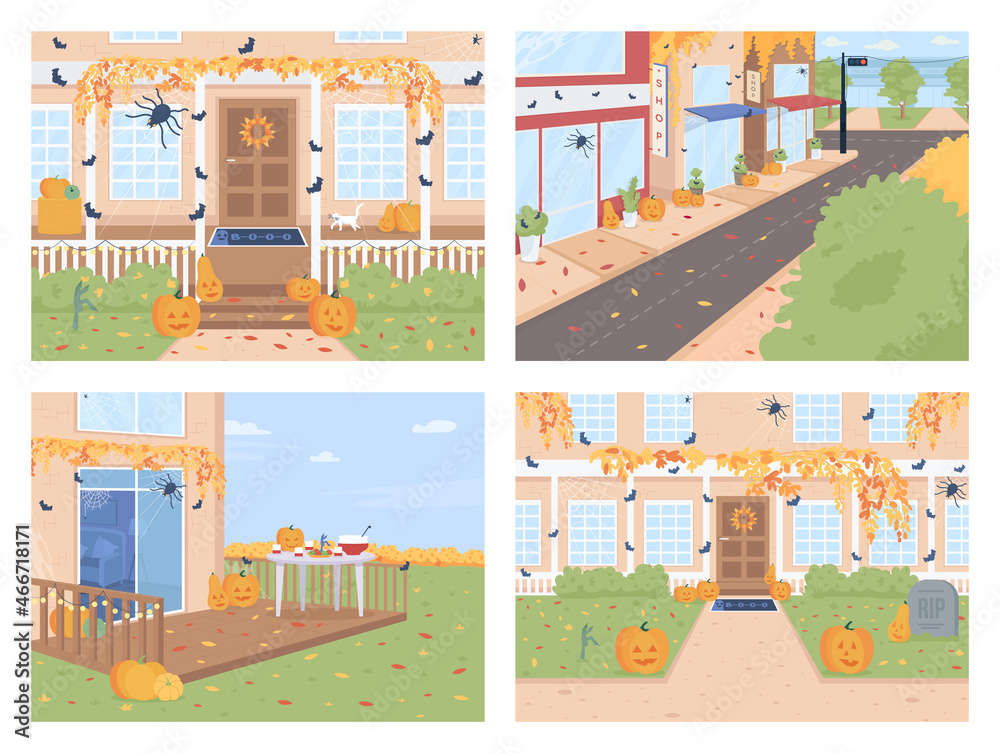 Outdoor Halloween decorations flat color vector illustration set. Home porch with decorations. Fall holiday. Autumnal festive 2D cartoon scenery with house outdoors on background collection