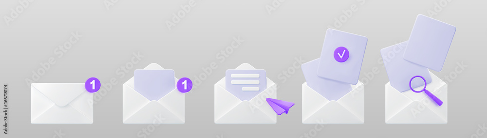 3d white open mail envelope icon set with purple marker new message ...