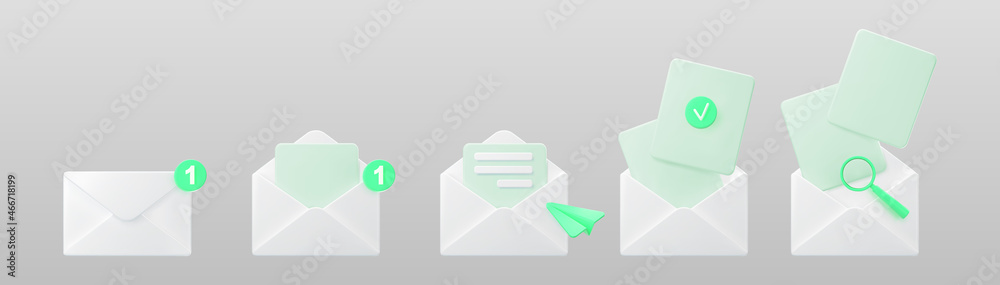 3d white open mail envelope icon set with green marker new message ...