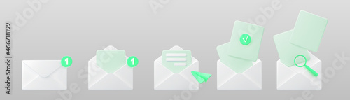 3d white open mail envelope icon set with green marker new message isolated on grey background. Render email notification with letters, check mark, paper plane and magnifying glass. Realistic vector.