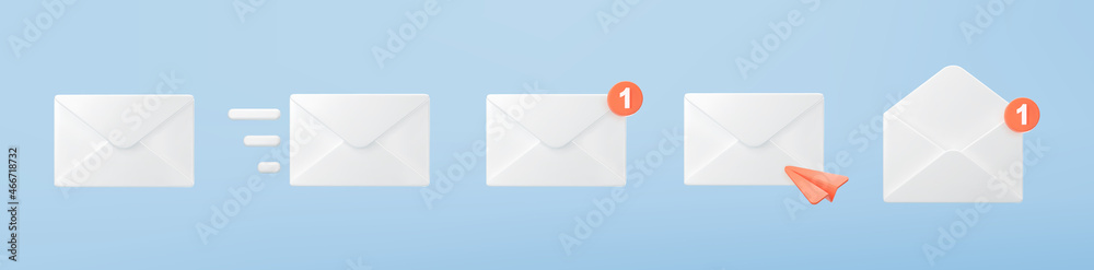 3d white closed mail envelope icon set with orange marker new message ...
