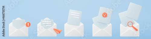 3d white open mail envelope icon set with orange marker new message isolated on blue background. Render email notification with letters, check mark, paper plane and magnifying glass. Realistic vector.