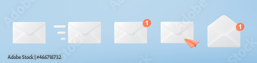 3d white closed mail envelope icon set with orange marker new message isolated on blue background. Render email notification with letters, check mark, paper plane icons. 3d realistic vector