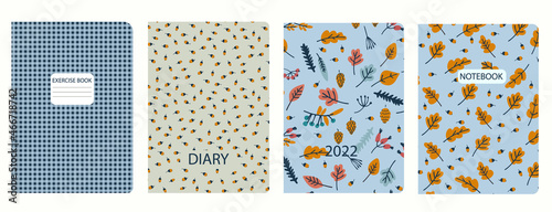 Cover page templates based on patterns with berries, leaves, acorns, fir cones, gingham checks. Thanksgiving concept. Backgrounds for notebooks, notepads, diaries. Headers isolated, replaceable